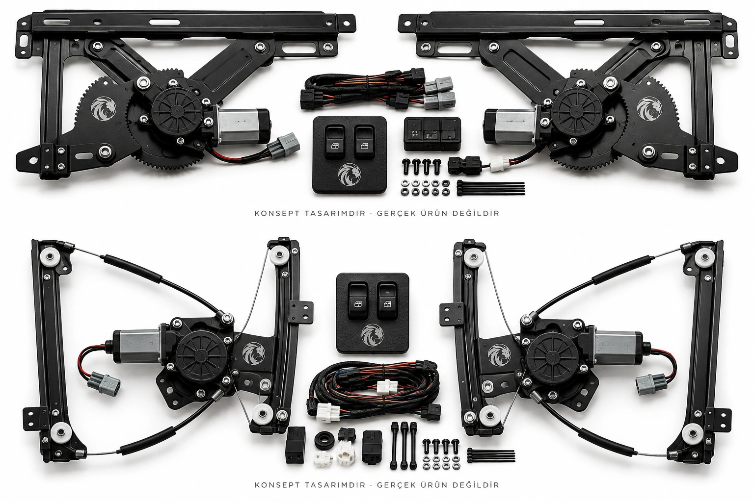 ASLAN Defender elektrikli cam dönüşüm konsepti, beyaz fonda regülatör motor switch ve kablo seti