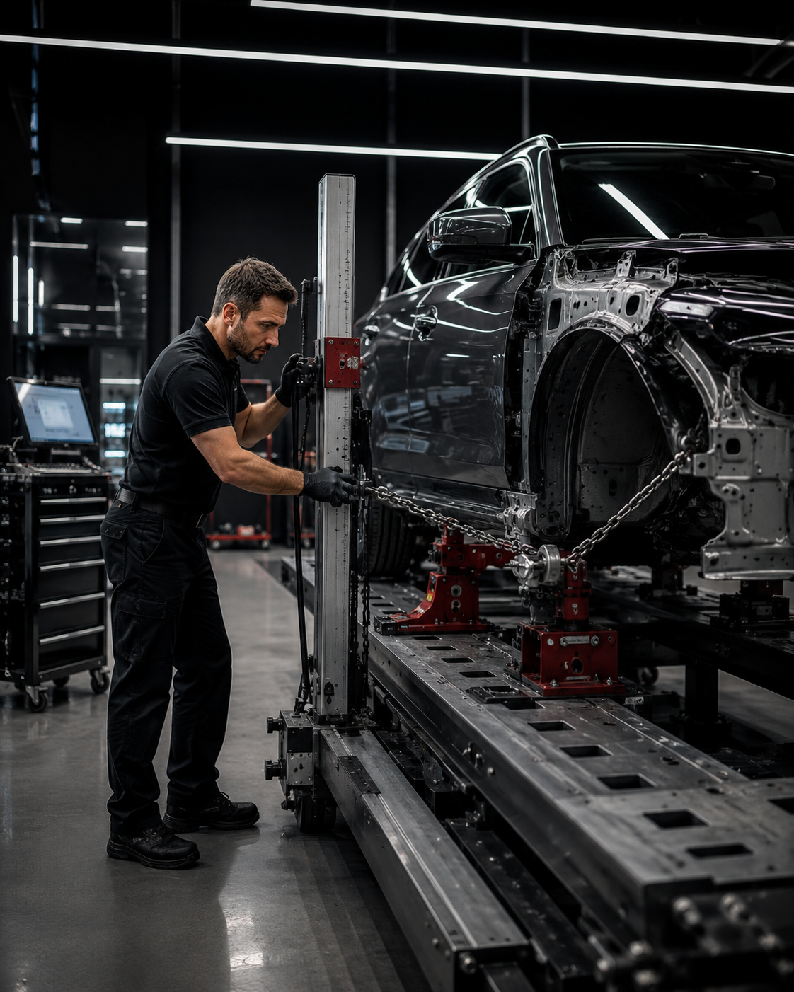 Şase ve podye düzeltme işlemini temsil eden otomotiv servis ekipmanı